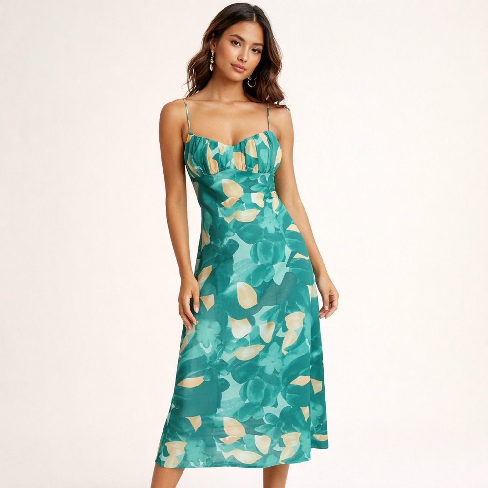 Saints + Secrets Green and Yellow Margie Midi Dress Open Back Size Medium